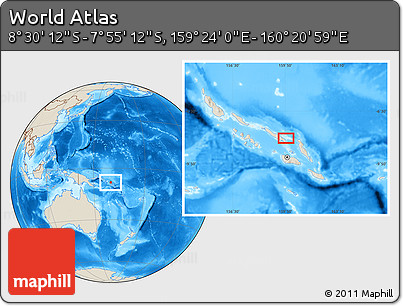 Shaded Relief Location Map of the Area around 8° 12' 42" S, 159° 52' 30" E
