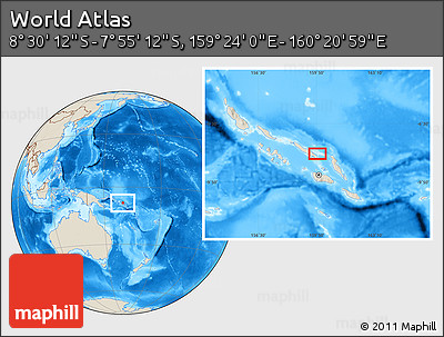 Shaded Relief Location Map of the Area around 8° 12' 42" S, 159° 52' 30" E