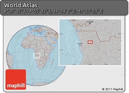Gray Location Map of the Area around 8° 12' 42" S, 15° 22' 30" E, hill shading