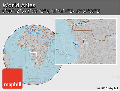 Gray Location Map of the Area around 8° 12' 42" S, 15° 22' 30" E, hill shading