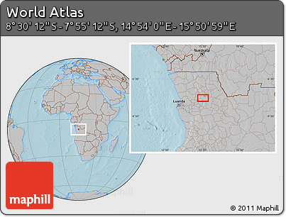 Gray Location Map of the Area around 8° 12' 42" S, 15° 22' 30" E, hill shading