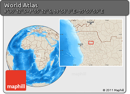 Shaded Relief Location Map of the Area around 8° 12' 42" S, 15° 22' 30" E
