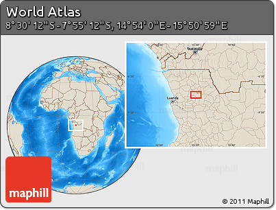 Shaded Relief Location Map of the Area around 8° 12' 42" S, 15° 22' 30" E