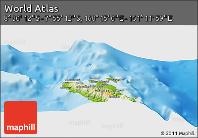 Physical Panoramic Map of the Area around 8° 12' 42" S, 160° 43' 29" E