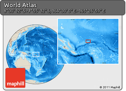 Shaded Relief Location Map of the Area around 8° 12' 42" S, 164° 58' 29" E