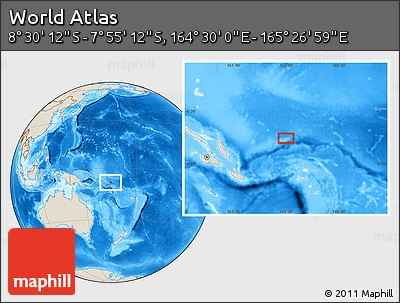 Shaded Relief Location Map of the Area around 8° 12' 42" S, 164° 58' 29" E