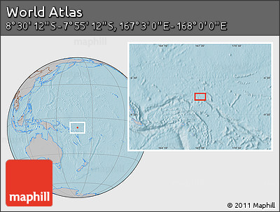 Gray Location Map of the Area around 8° 12' 42" S, 167° 31' 30" E, hill shading