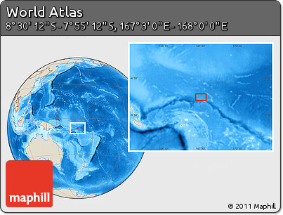 Shaded Relief Location Map of the Area around 8° 12' 42" S, 167° 31' 30" E