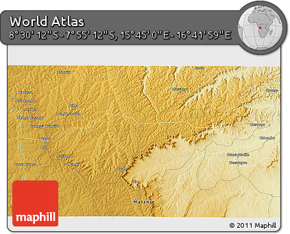 Physical 3D Map of the Area around 8° 12' 42" S, 16° 13' 30" E