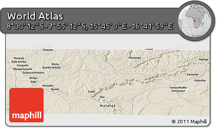 Shaded Relief Panoramic Map of the Area around 8° 12' 42" S, 16° 13' 30" E