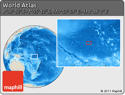 Shaded Relief Location Map of the Area around 8° 12' 42" S, 174° 19' 29" E