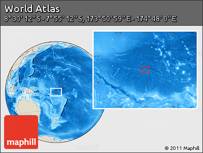 Shaded Relief Location Map of the Area around 8° 12' 42" S, 174° 19' 29" E