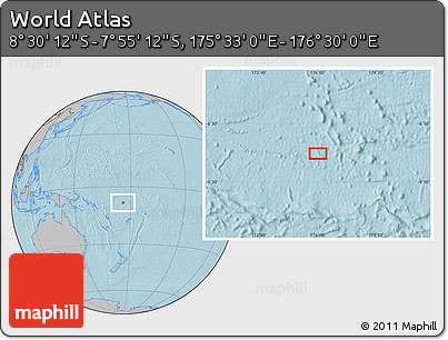 Gray Location Map of the Area around 8° 12' 42" S, 176° 1' 30" E, hill shading