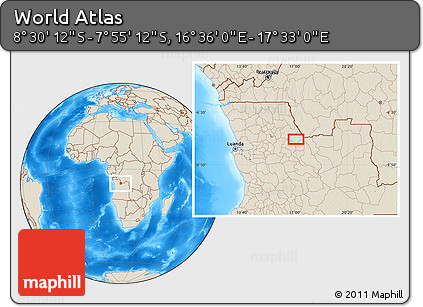 Shaded Relief Location Map of the Area around 8° 12' 42" S, 17° 4' 30" E