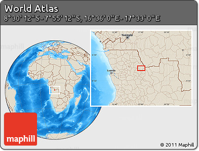 Shaded Relief Location Map of the Area around 8° 12' 42" S, 17° 4' 30" E