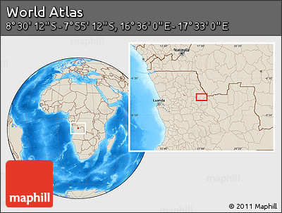 Shaded Relief Location Map of the Area around 8° 12' 42" S, 17° 4' 30" E