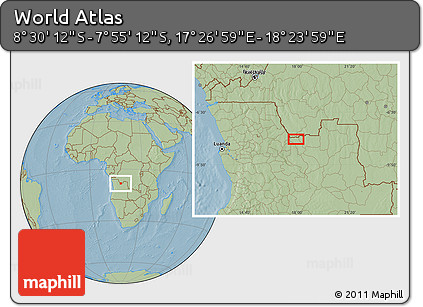 Savanna Style Location Map of the Area around 8° 12' 42" S, 17° 55' 29" E, hill shading