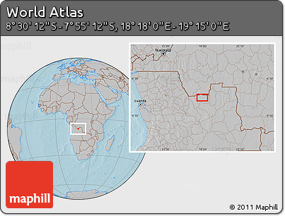 Gray Location Map of the Area around 8° 12' 42" S, 18° 46' 29" E, hill shading