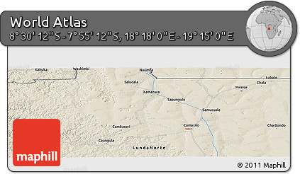 Shaded Relief Panoramic Map of the Area around 8° 12' 42" S, 18° 46' 29" E