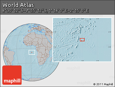 Gray Location Map of the Area around 8° 12' 42" S, 1° 46' 29" E, hill shading