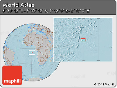 Gray Location Map of the Area around 8° 12' 42" S, 1° 46' 29" E, hill shading