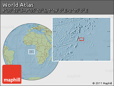 Savanna Style Location Map of the Area around 8° 12' 42" S, 1° 46' 29" E, hill shading