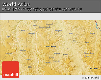 Physical 3D Map of the Area around 8° 12' 42" S, 21° 19' 30" E