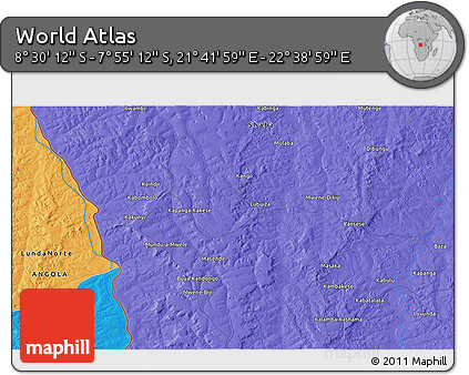 Political 3D Map of the Area around 8° 12' 42" S, 22° 10' 29" E