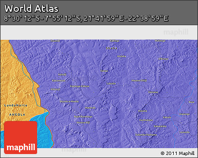Political 3D Map of the Area around 8° 12' 42" S, 22° 10' 29" E