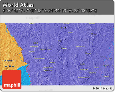 Political 3D Map of the Area around 8° 12' 42" S, 22° 10' 29" E