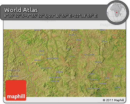 Satellite 3D Map of the Area around 8° 12' 42" S, 22° 10' 29" E