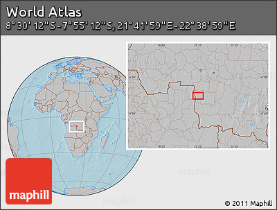 Gray Location Map of the Area around 8° 12' 42" S, 22° 10' 29" E, hill shading