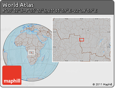 Gray Location Map of the Area around 8° 12' 42" S, 22° 10' 29" E, hill shading