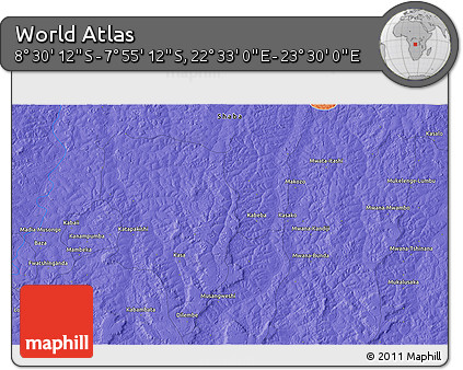 Political 3D Map of the Area around 8° 12' 42" S, 23° 1' 29" E