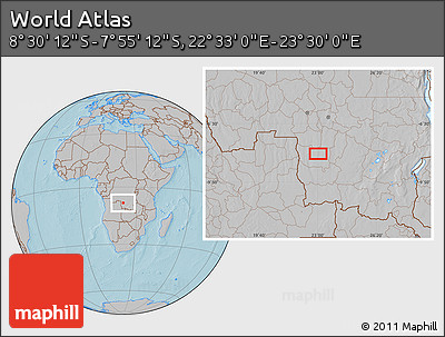 Gray Location Map of the Area around 8° 12' 42" S, 23° 1' 29" E, hill shading