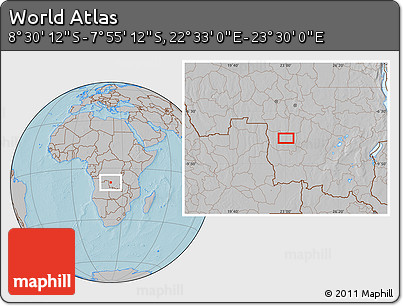 Gray Location Map of the Area around 8° 12' 42" S, 23° 1' 29" E, hill shading