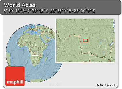 Savanna Style Location Map of the Area around 8° 12' 42" S, 23° 1' 29" E, hill shading