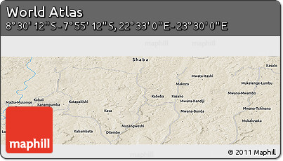 Shaded Relief Panoramic Map of the Area around 8° 12' 42" S, 23° 1' 29" E