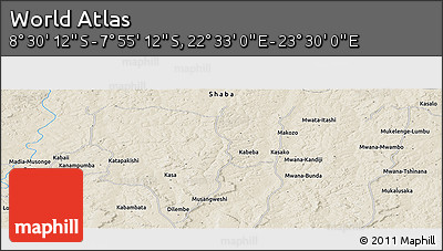 Shaded Relief Panoramic Map of the Area around 8° 12' 42" S, 23° 1' 29" E