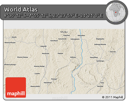 Shaded Relief 3D Map of the Area around 8° 12' 42" S, 23° 52' 30" E