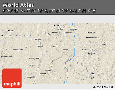 Shaded Relief 3D Map of the Area around 8° 12' 42" S, 23° 52' 30" E