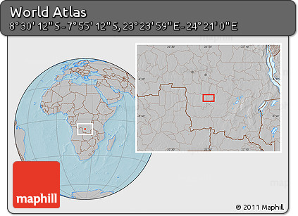Gray Location Map of the Area around 8° 12' 42" S, 23° 52' 30" E, hill shading