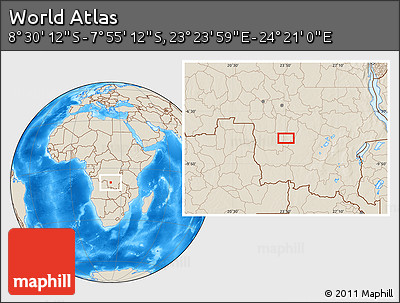 Shaded Relief Location Map of the Area around 8° 12' 42" S, 23° 52' 30" E
