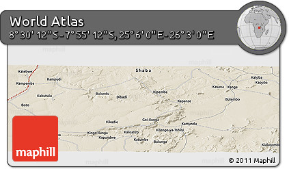 Shaded Relief Panoramic Map of the Area around 8° 12' 42" S, 25° 34' 30" E