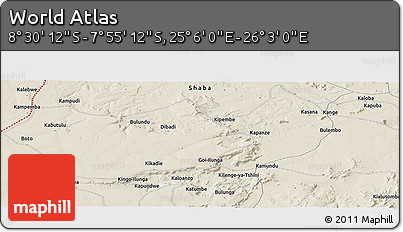Shaded Relief Panoramic Map of the Area around 8° 12' 42" S, 25° 34' 30" E
