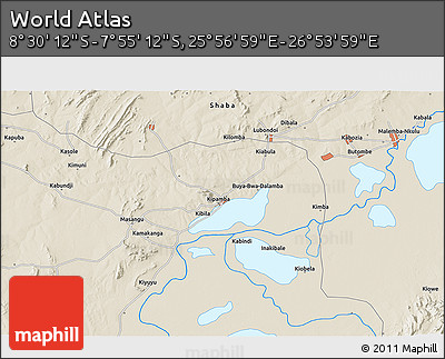 Shaded Relief 3D Map of the Area around 8° 12' 42" S, 26° 25' 29" E