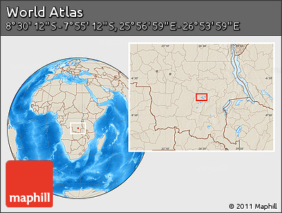 Shaded Relief Location Map of the Area around 8° 12' 42" S, 26° 25' 29" E
