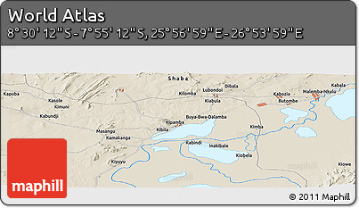 Shaded Relief Panoramic Map of the Area around 8° 12' 42" S, 26° 25' 29" E