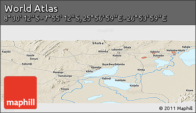 Shaded Relief Panoramic Map of the Area around 8° 12' 42" S, 26° 25' 29" E