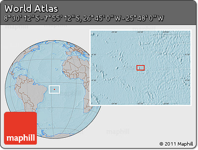 Gray Location Map of the Area around 8° 12' 42" S, 26° 16' 29" W, hill shading